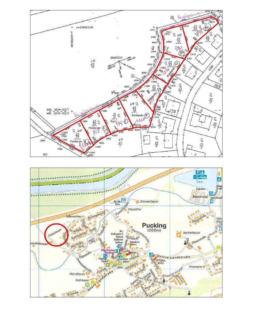 Lageplan und Parzelleneinteilung Baugrundstücke Pucking